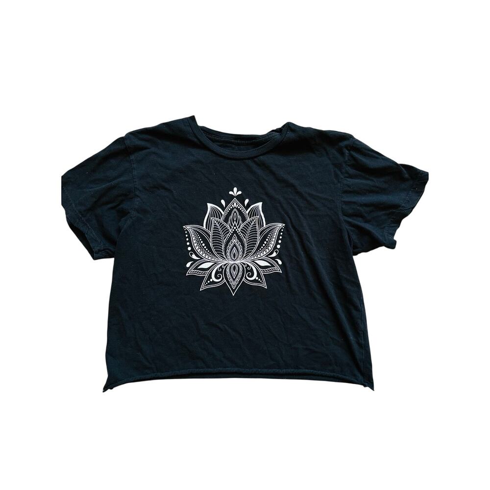 Boho Miken FLOW Lotus Mandala Graphic Crop Tee Large Black Yoga Festival Top